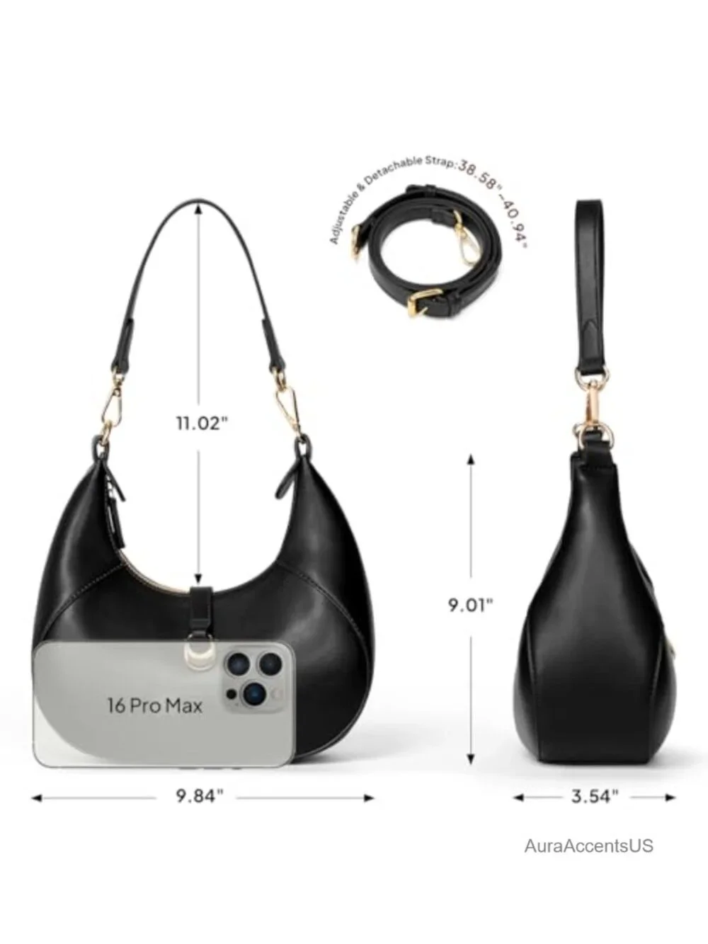Small Soft Vegan Leather Crescent Shoulder Bag Hobo with Removable Strap